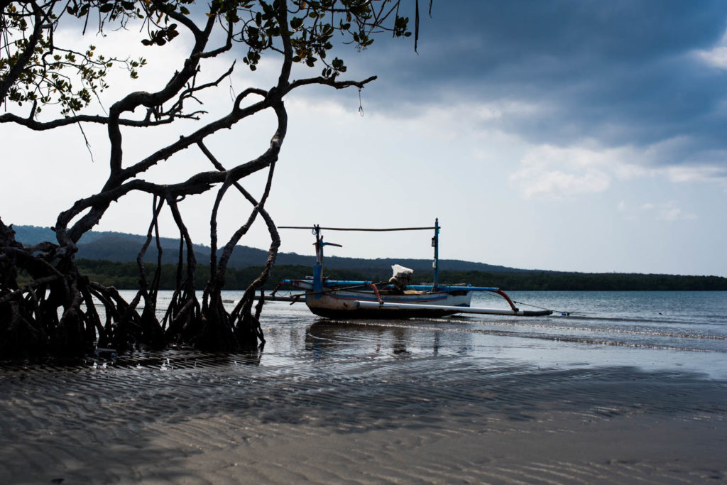 Boot vor schwarzem Strand